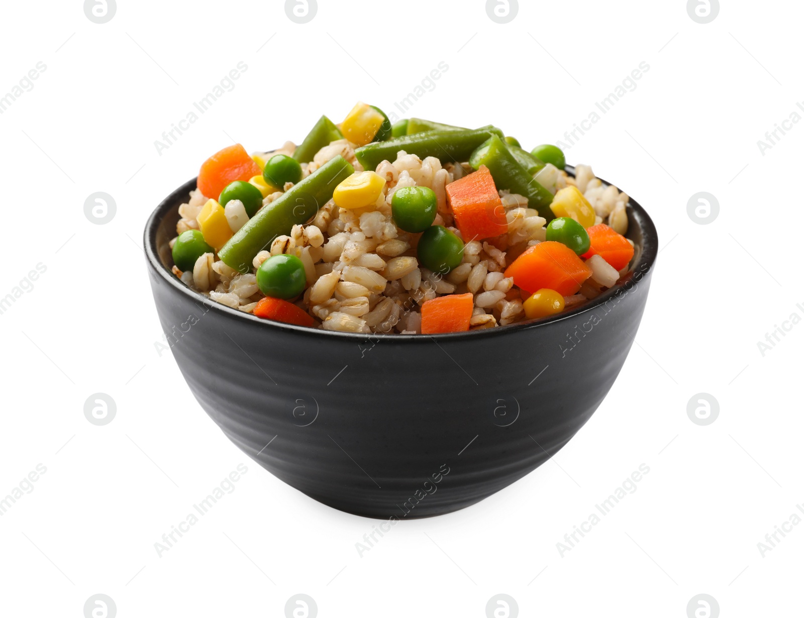 Photo of Delicious pearl barley with vegetables in bowl isolated on white