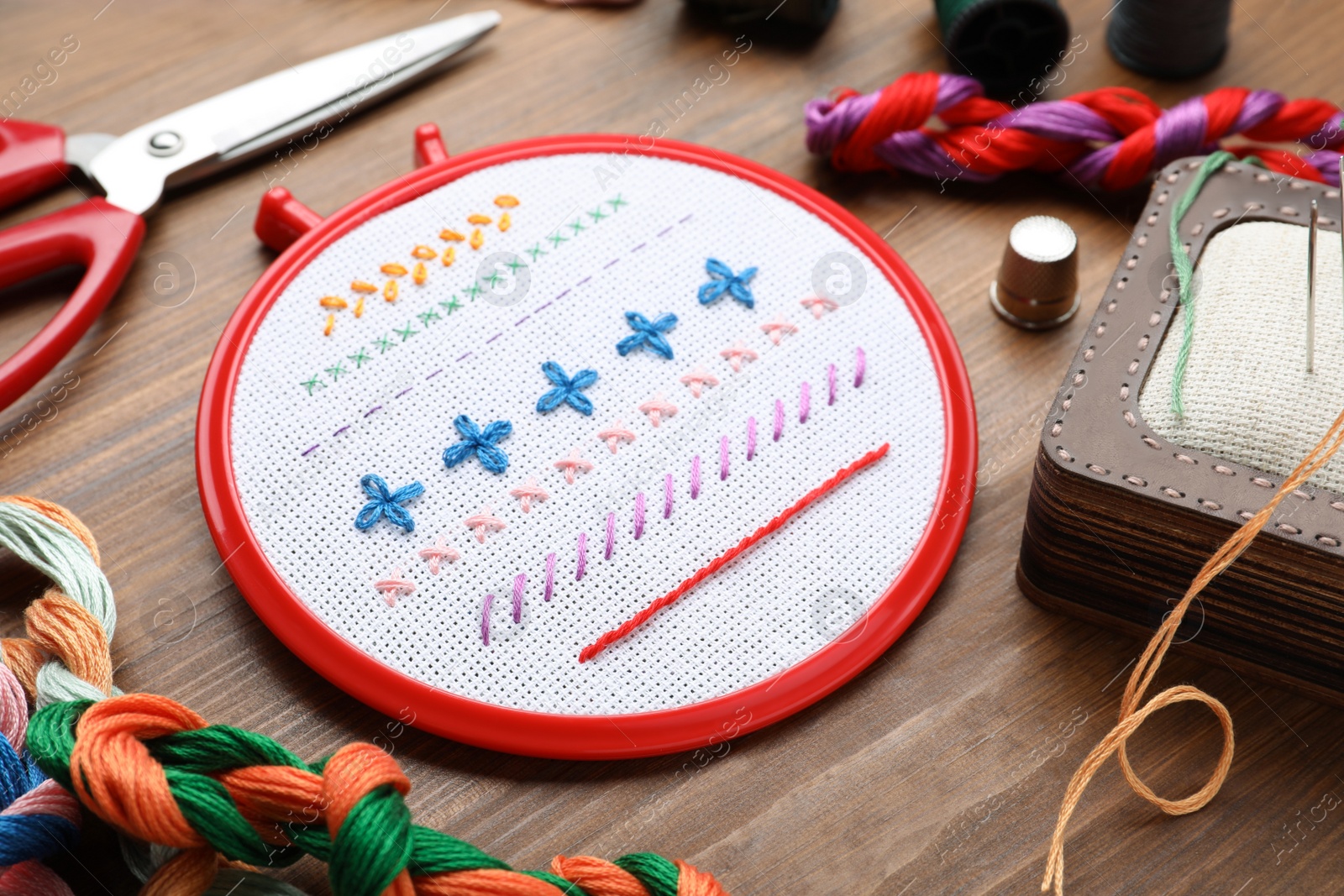 Photo of Set of embroidery equipment on wooden table