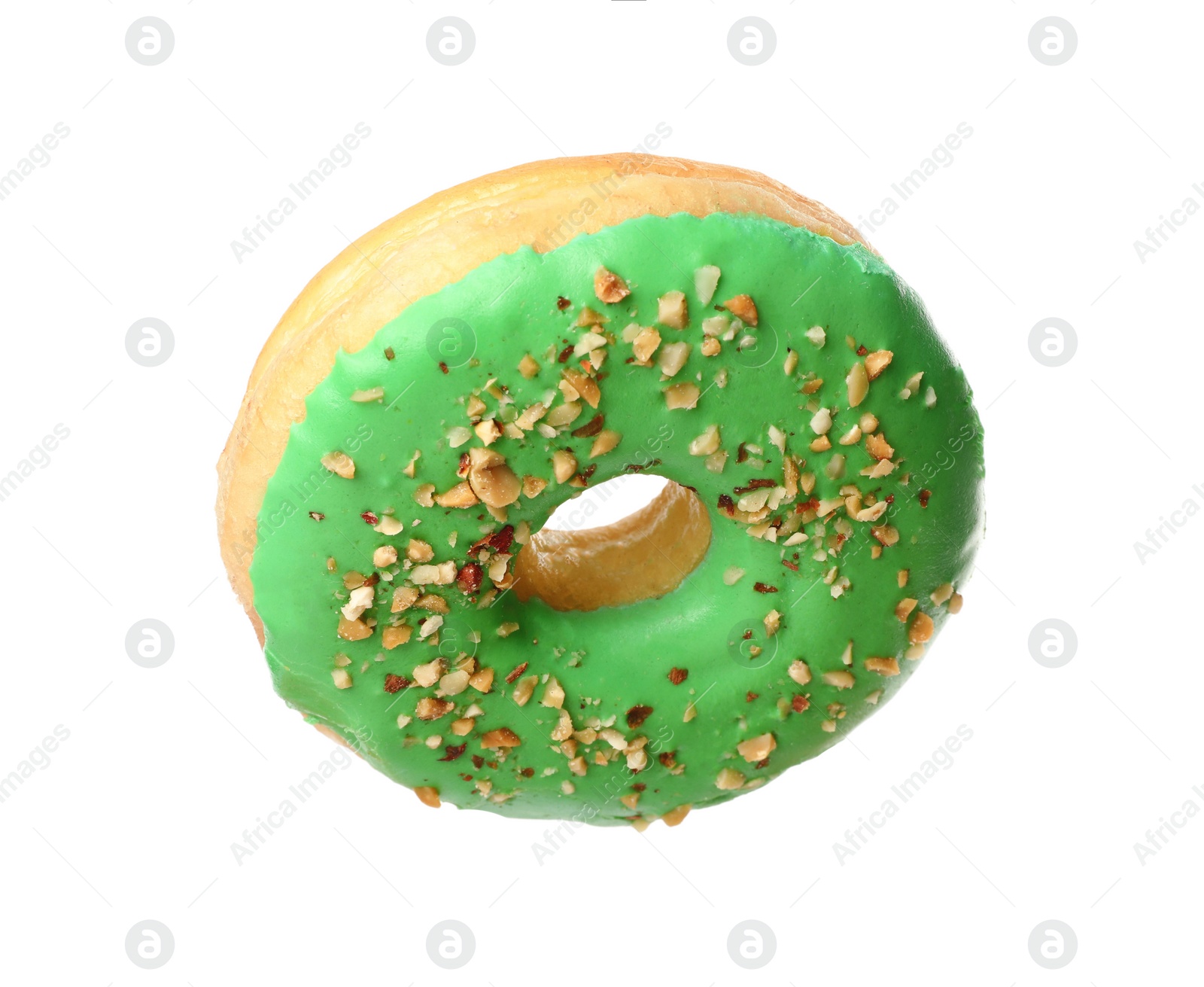 Photo of Sweet tasty glazed donut decorated with nuts isolated on white