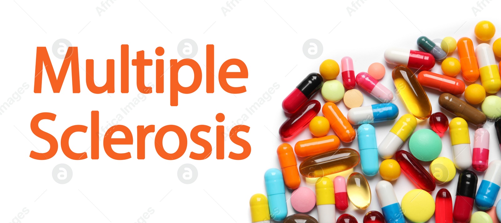 Image of Multiple sclerosis treatment. Many different pills on white background, top view