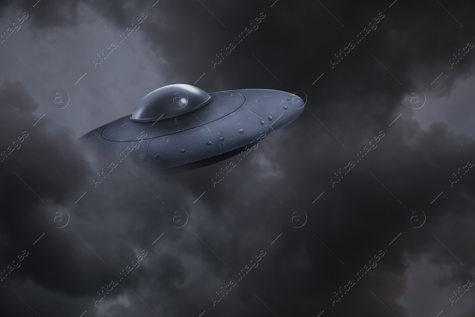 Image of UFO. Alien spaceship among clouds in sky. Extraterrestrial visitors