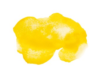 Photo of Blot of yellow watercolor paint isolated on white, top view