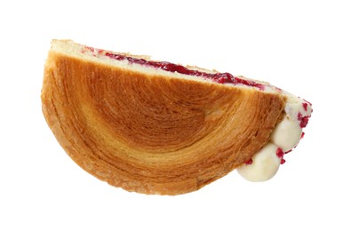 Photo of Half of round croissant with jam isolated on white. Tasty puff pastry