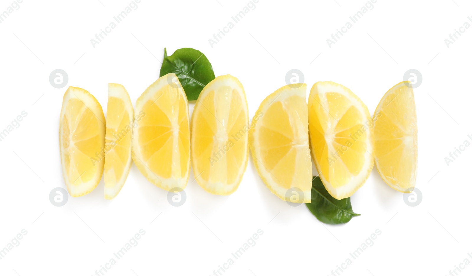 Photo of Fresh ripe lemon slices with leaves on white background, top view