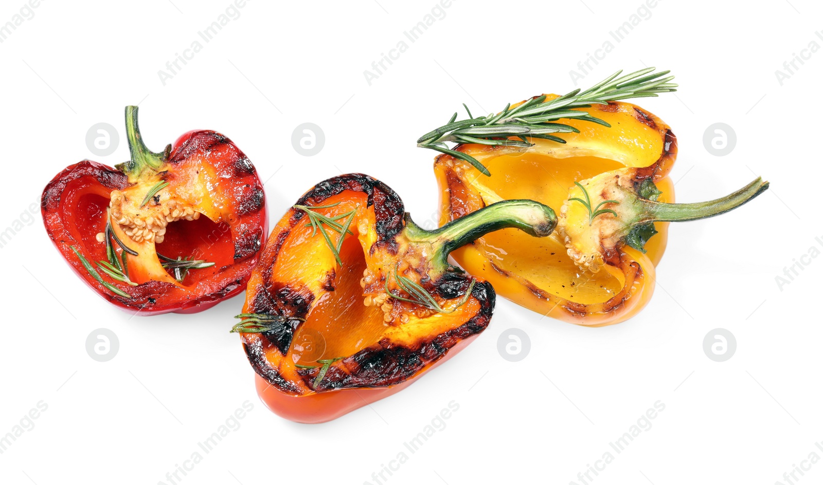 Photo of Tasty grilled bell peppers and rosemary isolated on white