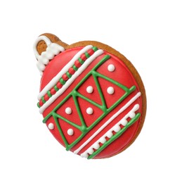 Photo of Tasty cookie in shape of Christmas ball isolated on white