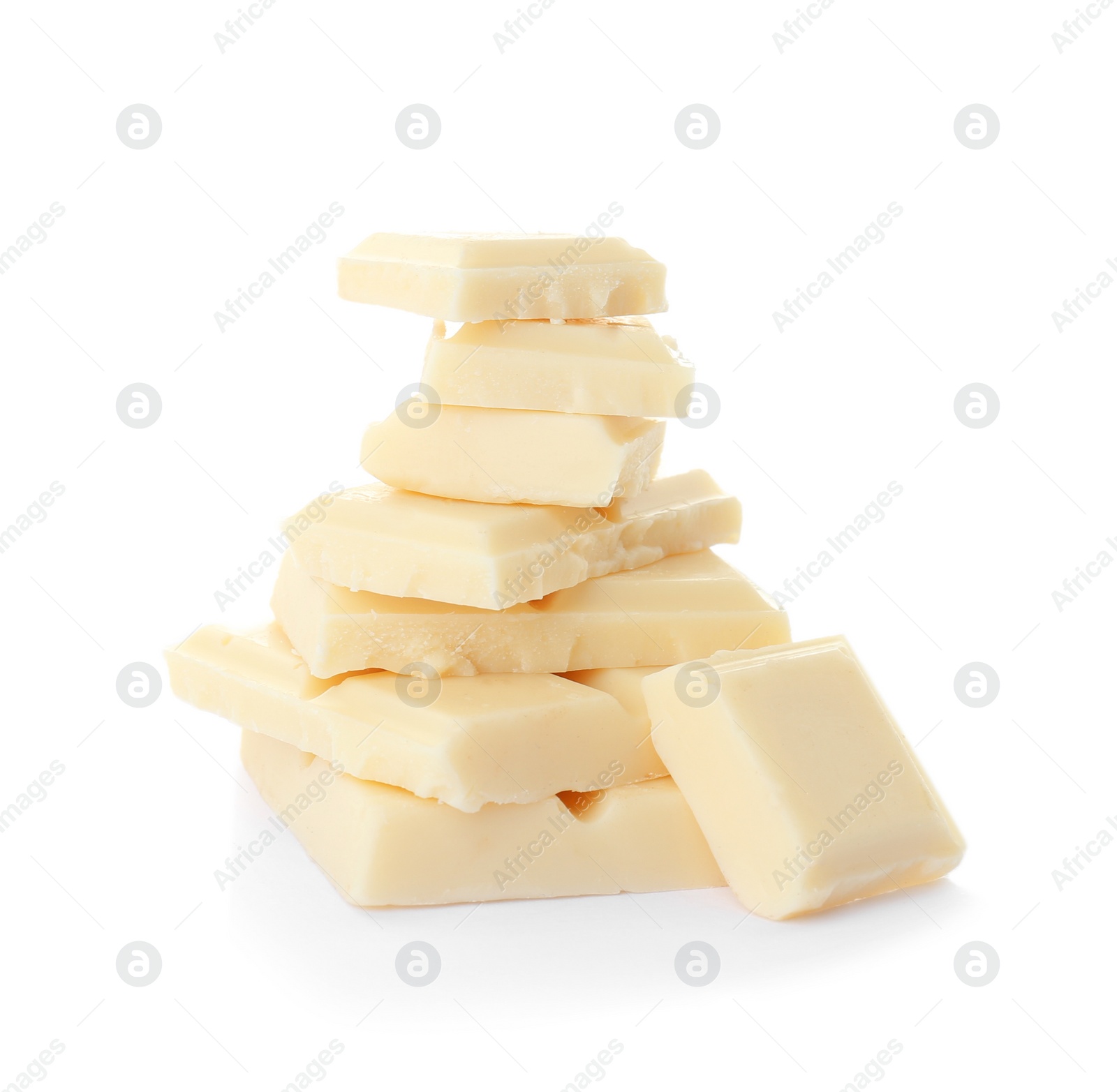 Photo of Delicious chocolate pieces on white background