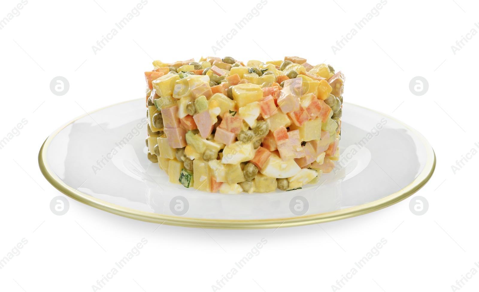 Photo of Delicious russian salad Olivier on white background
