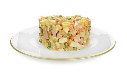 Delicious russian salad Olivier on white background