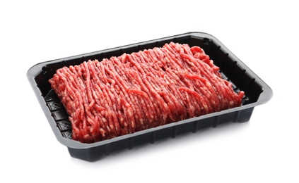 Photo of Fresh raw minced meat on white background