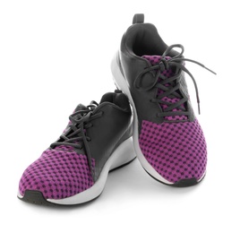 Photo of Stylish purple sneakers with black shoelaces on white background