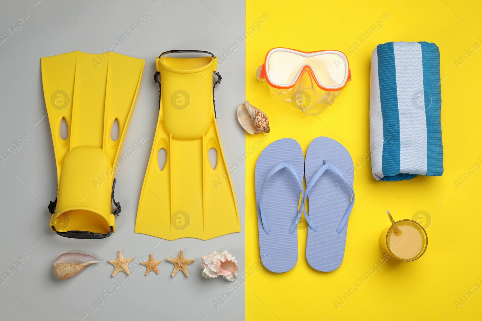 Photo of Flat lay composition with beach objects on color background