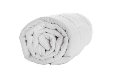 Photo of Rolled clean blanket isolated on white. Household textile