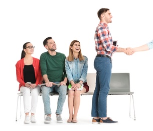 Photo of Employer greeting applicant on white background. Job interview