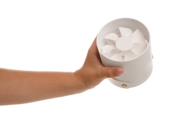 Photo of Little child with portable fan on white background, closeup. Summer heat