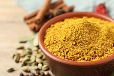 Photo of Curry powder in bowl and other spices on wooden table, closeup. Space for text