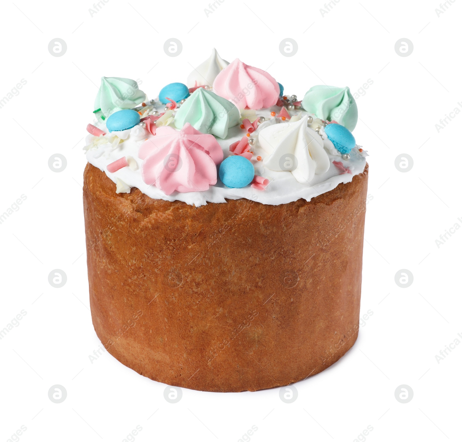 Photo of Traditional Easter cake with sprinkles and meringues isolated on white