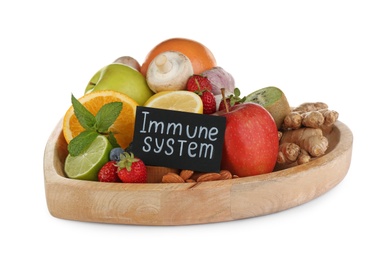 Photo of Heart shaped tray with healthy products and text Immune System on white background