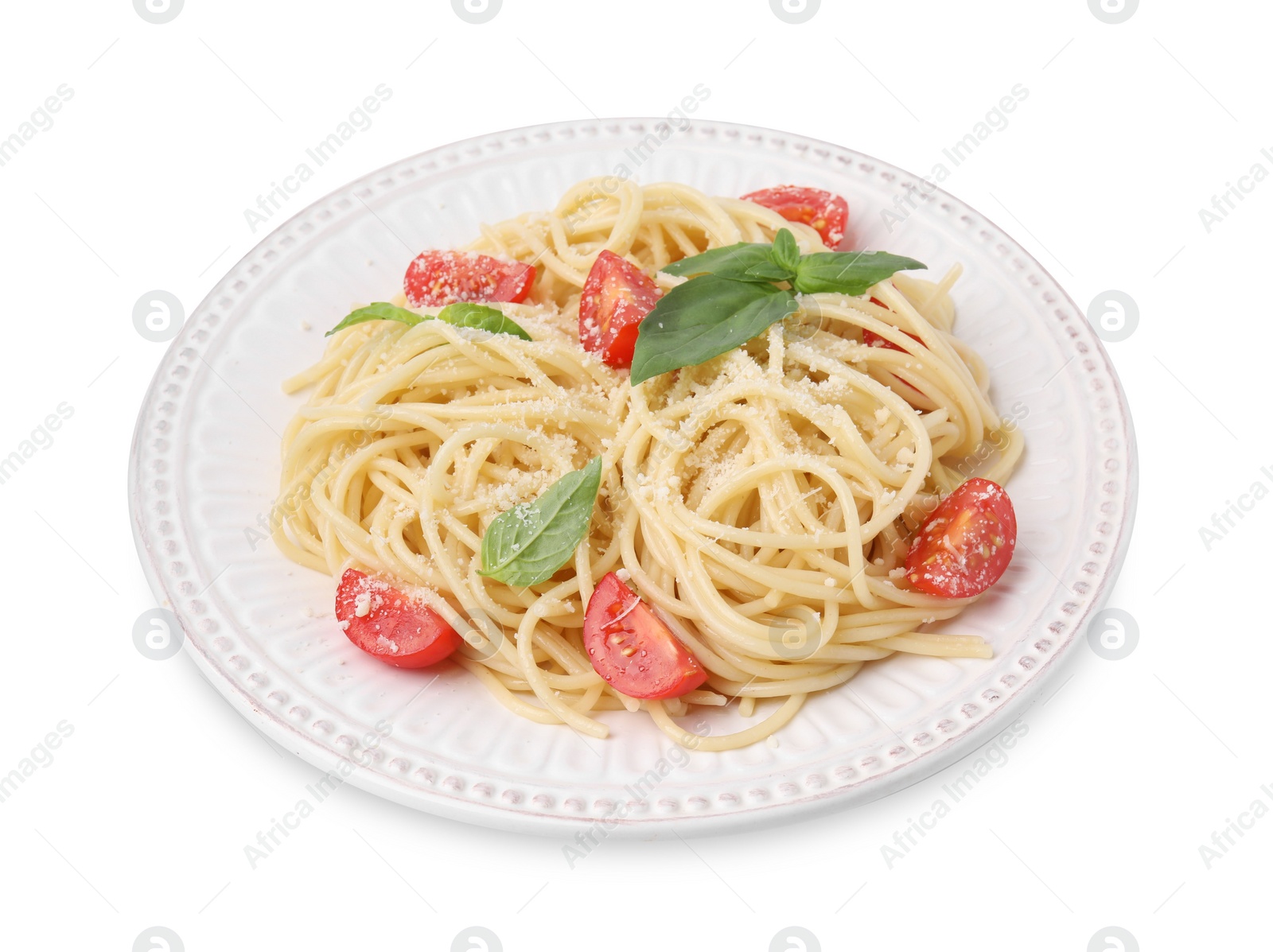 Photo of Tasty pasta with tomato, cheese and basil isolated on white