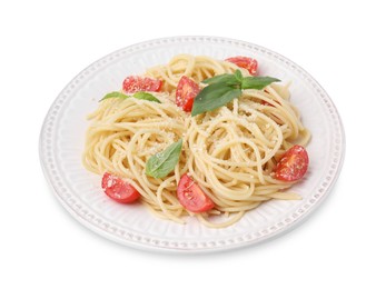 Photo of Tasty pasta with tomato, cheese and basil isolated on white