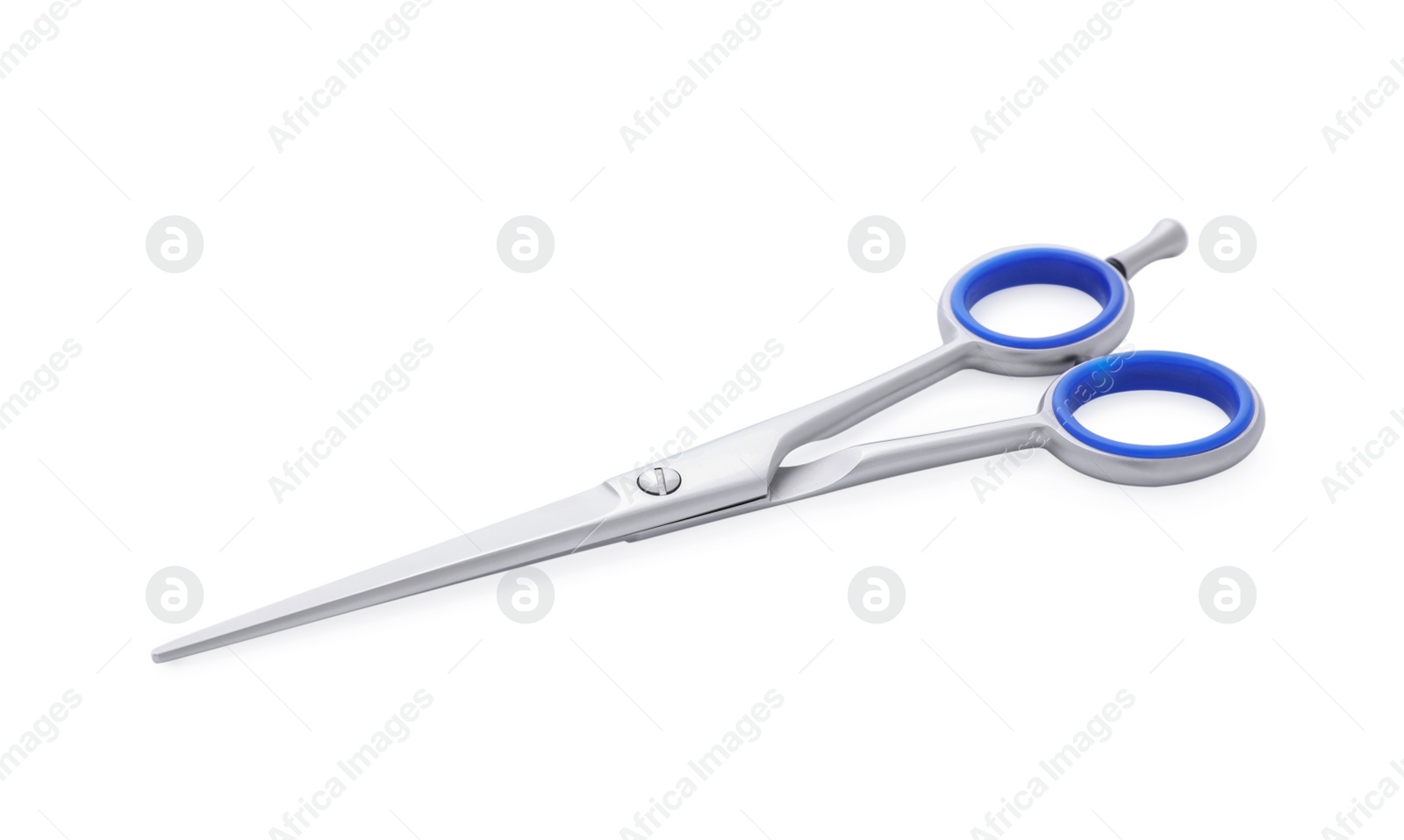 Photo of New scissors isolated on white. Professional hairdresser tool