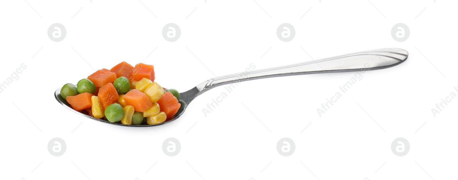 Photo of Mix of fresh vegetables in spoon on white background