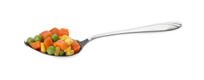 Photo of Mix of fresh vegetables in spoon on white background