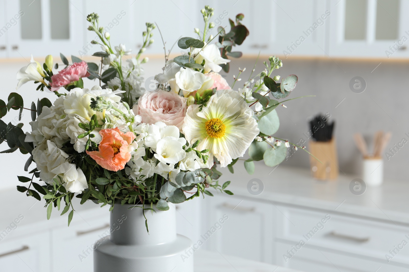 Photo of Beautiful bouquet of different fresh flowers indoors, closeup