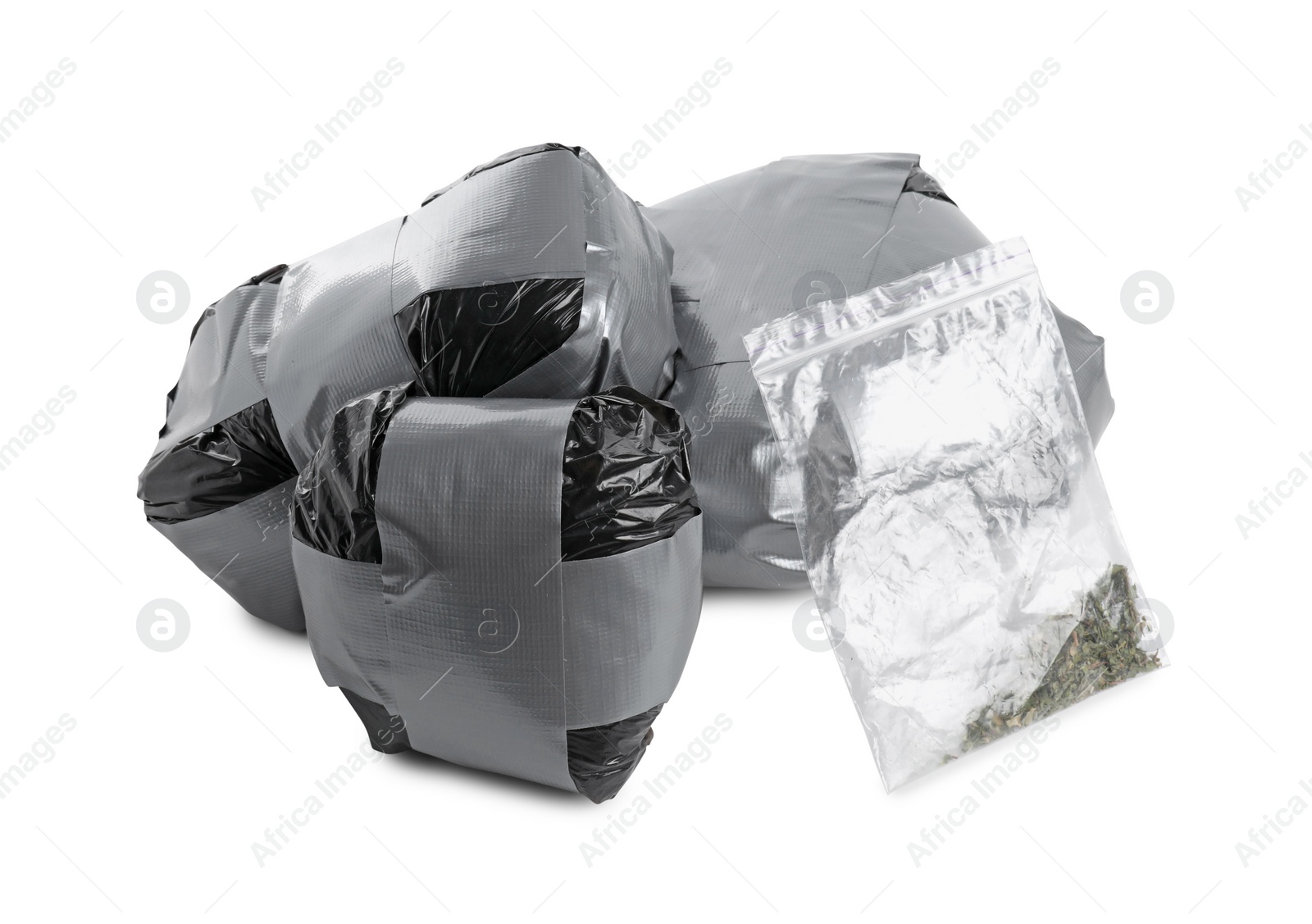 Photo of Packages with narcotics isolated on white. Drug addiction