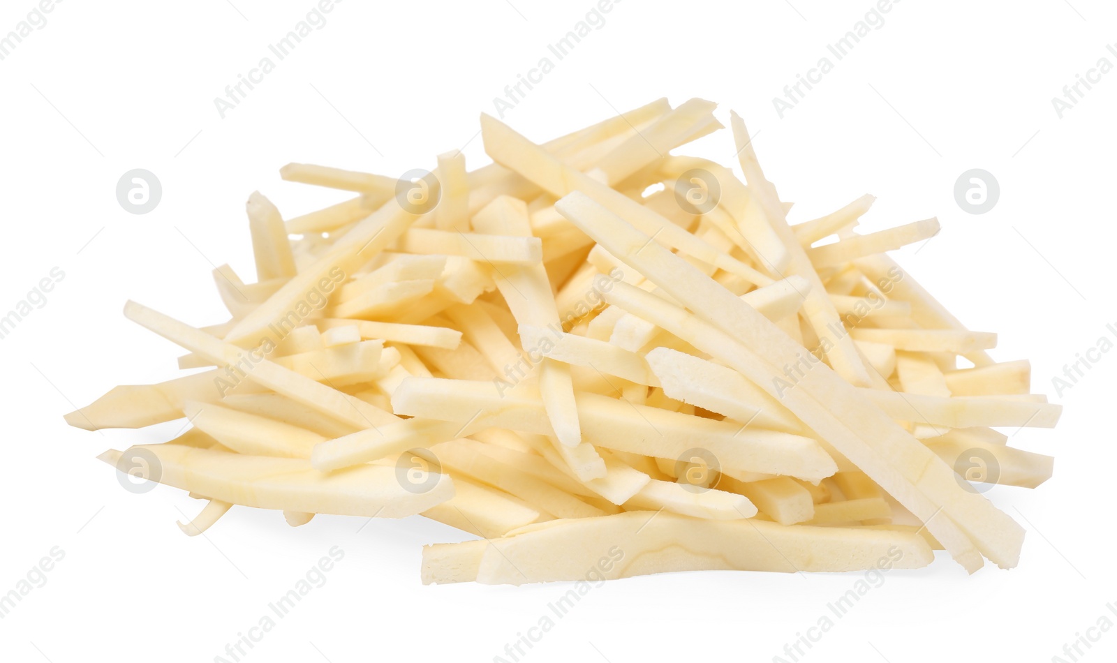 Photo of Pile of cut fresh parsnip on white background