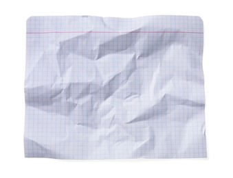 Photo of Crumpled sheet of paper on white background, top view