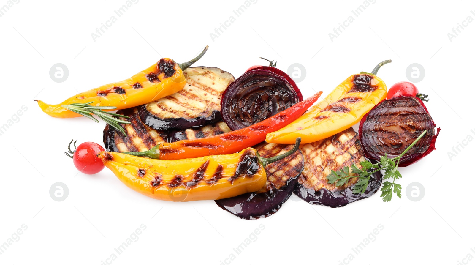 Photo of Different delicious grilled vegetables isolated on white