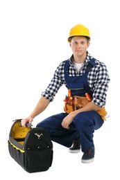 Photo of Electrician with tools wearing uniform on white background