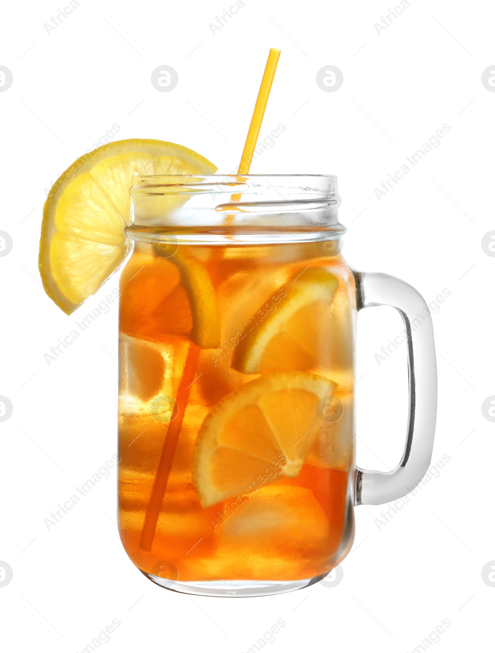 Photo of Mason jar of refreshing iced tea with lemon slices on white background