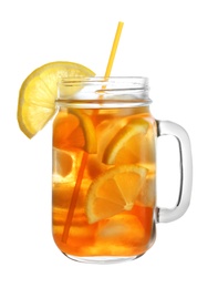 Photo of Mason jar of refreshing iced tea with lemon slices on white background