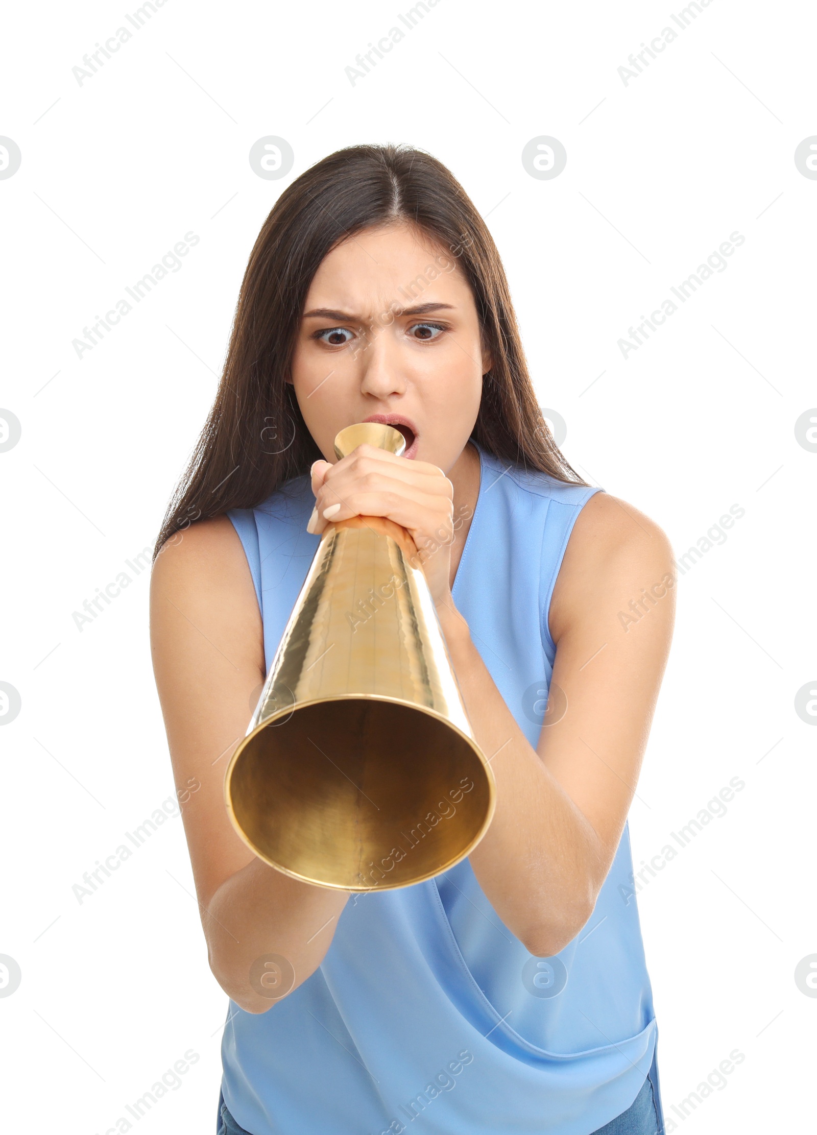 Photo of Young woman using megaphone on white background
