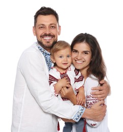 Photo of Happy family in Ukrainian national clothes on white background