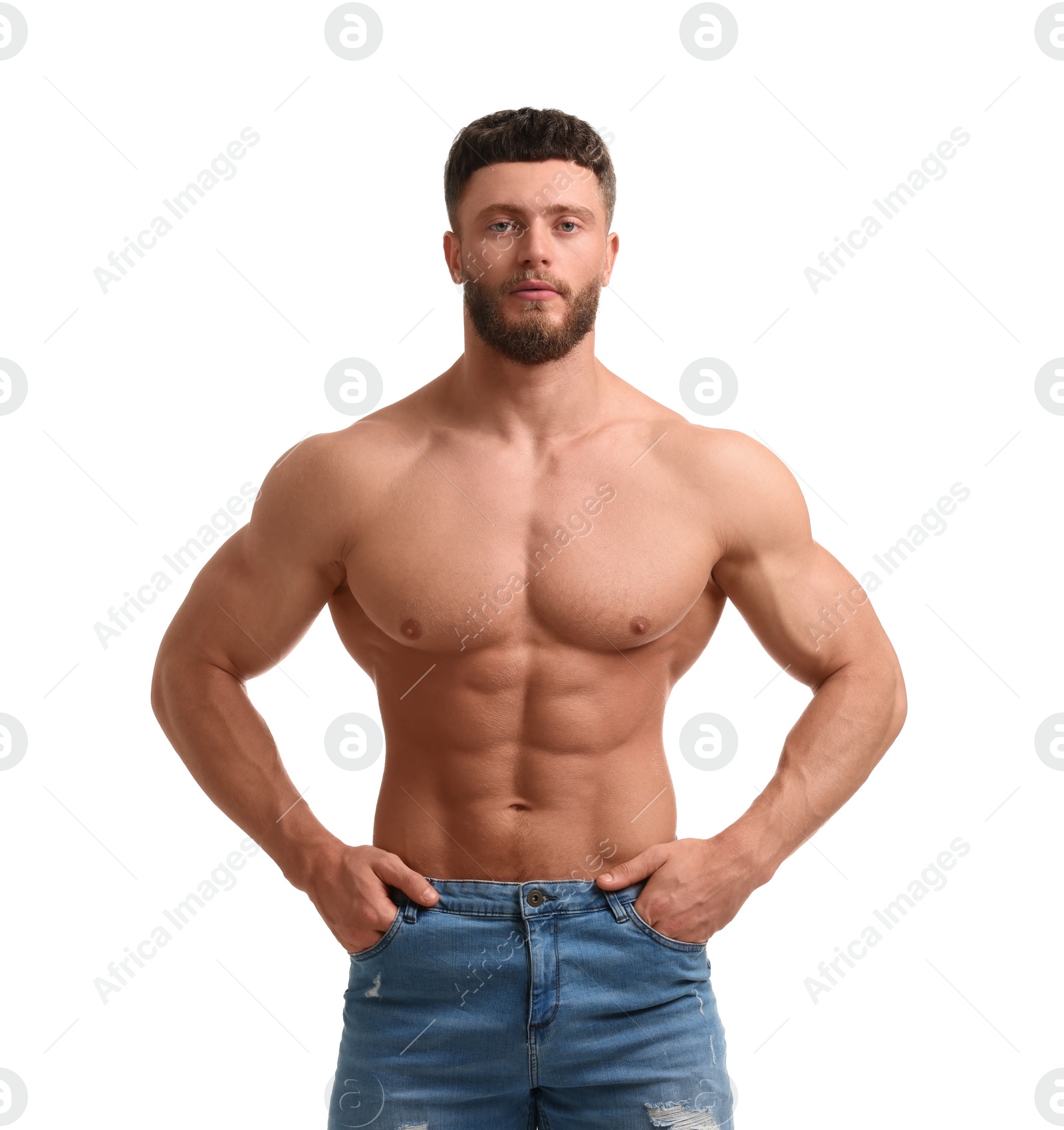 Photo of Handsome muscular man isolated on white. Sexy body