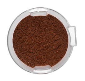 Modern manual coffee grinder with powder isolated on white, top view