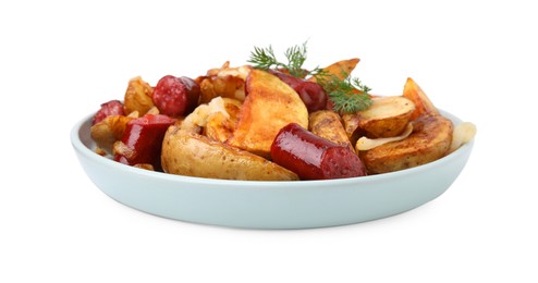 Photo of Delicious baked potato with thin dry smoked sausages, onion and dill isolated on white