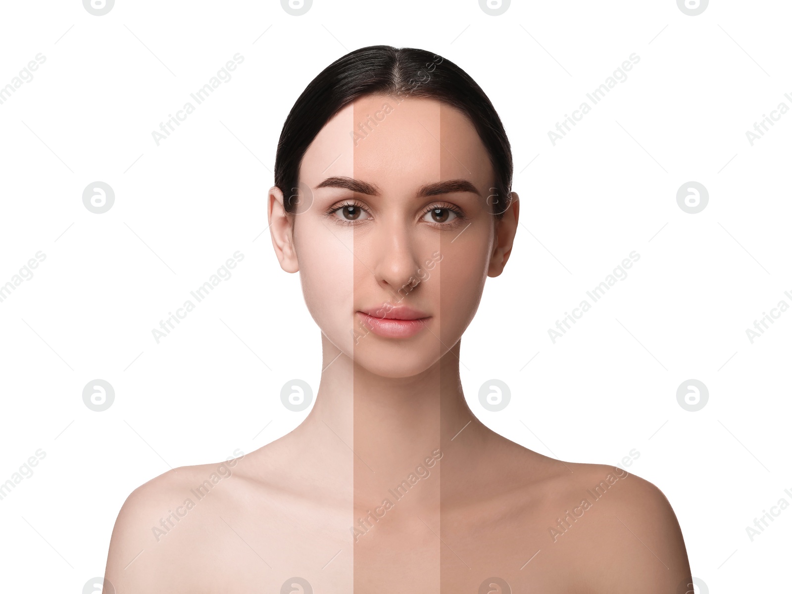 Image of Solarium tan. Combined portrait of woman with different skin tones on white background