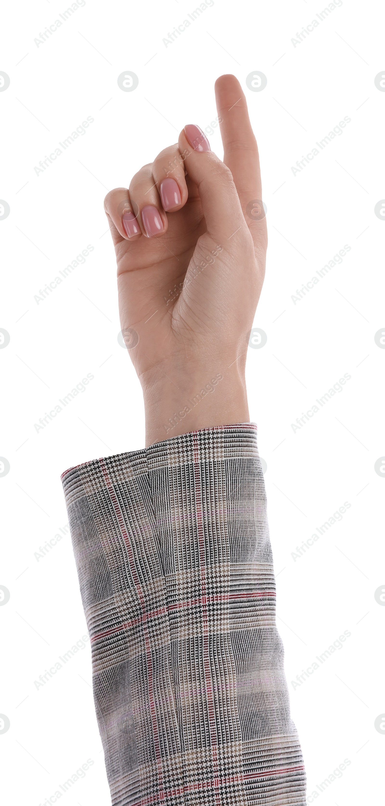 Photo of Woman pointing with index finger on white background, closeup