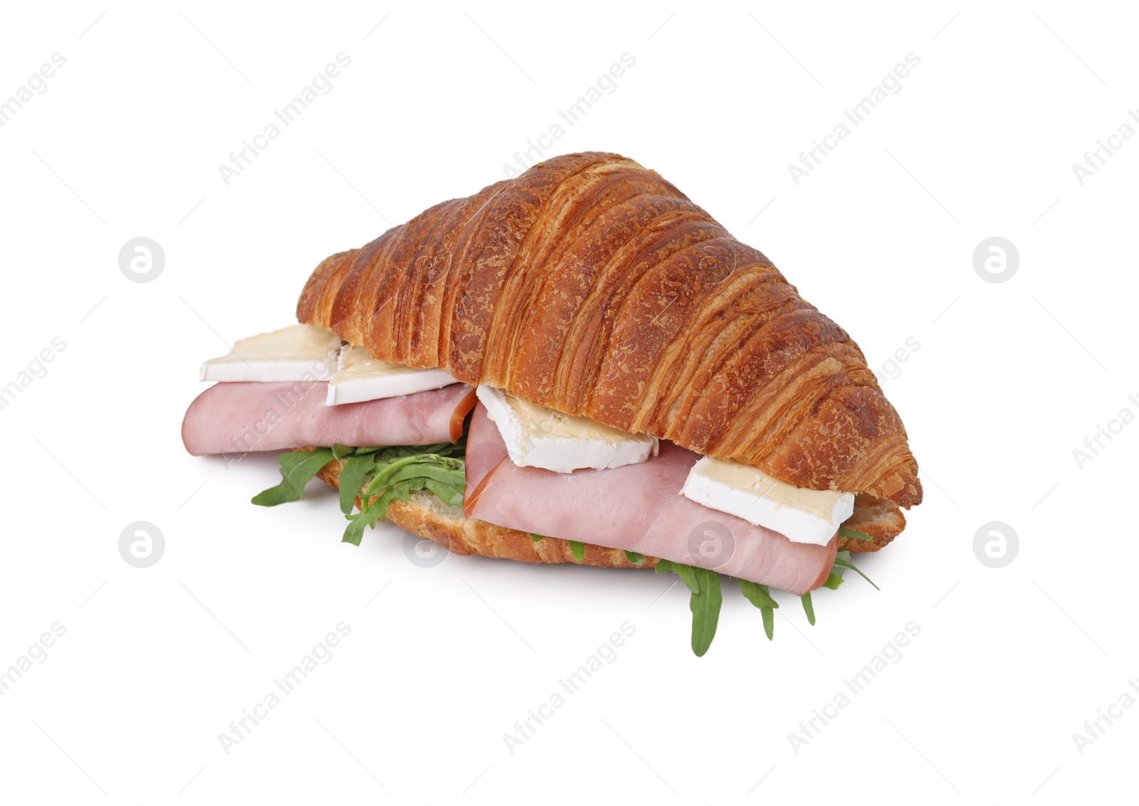 Photo of Tasty croissant with brie, ham and arugula isolated on white