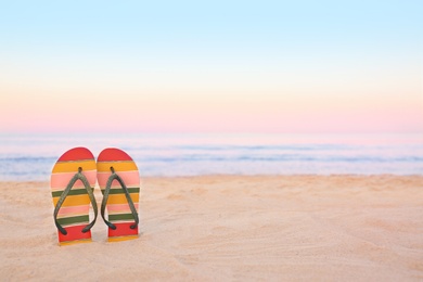 Stylish flip flops on sand near sea, space for text. Beach accessories