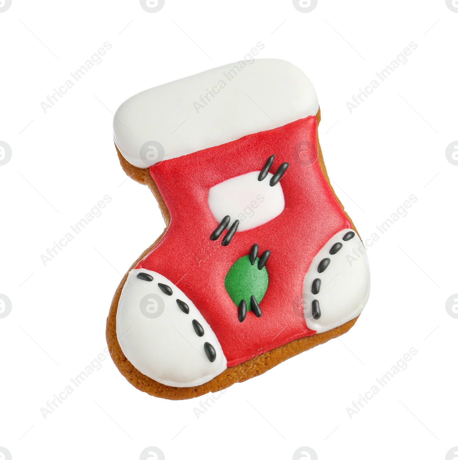 Photo of Delicious cookie in shape of Christmas stocking isolated on white