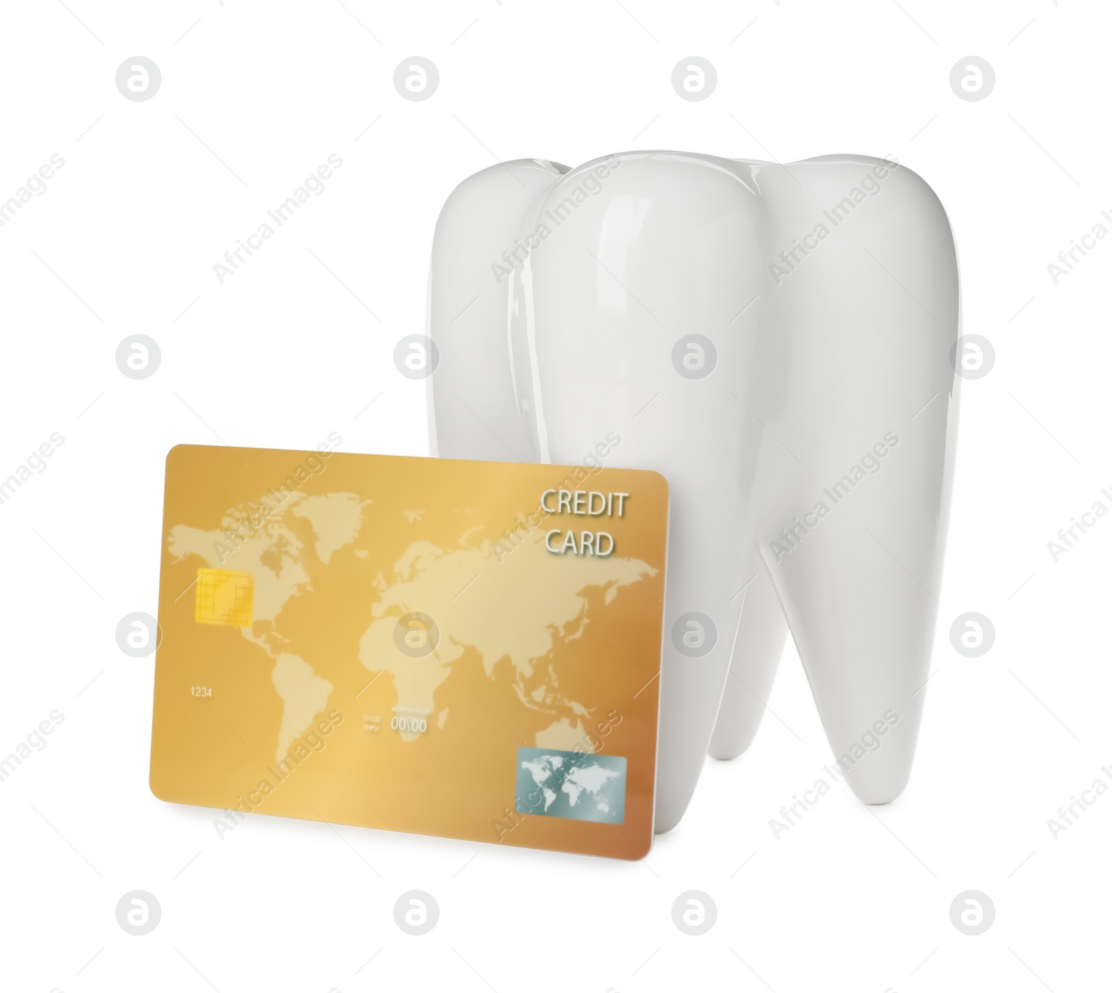 Photo of Ceramic model of tooth and credit card on white background. Expensive treatment
