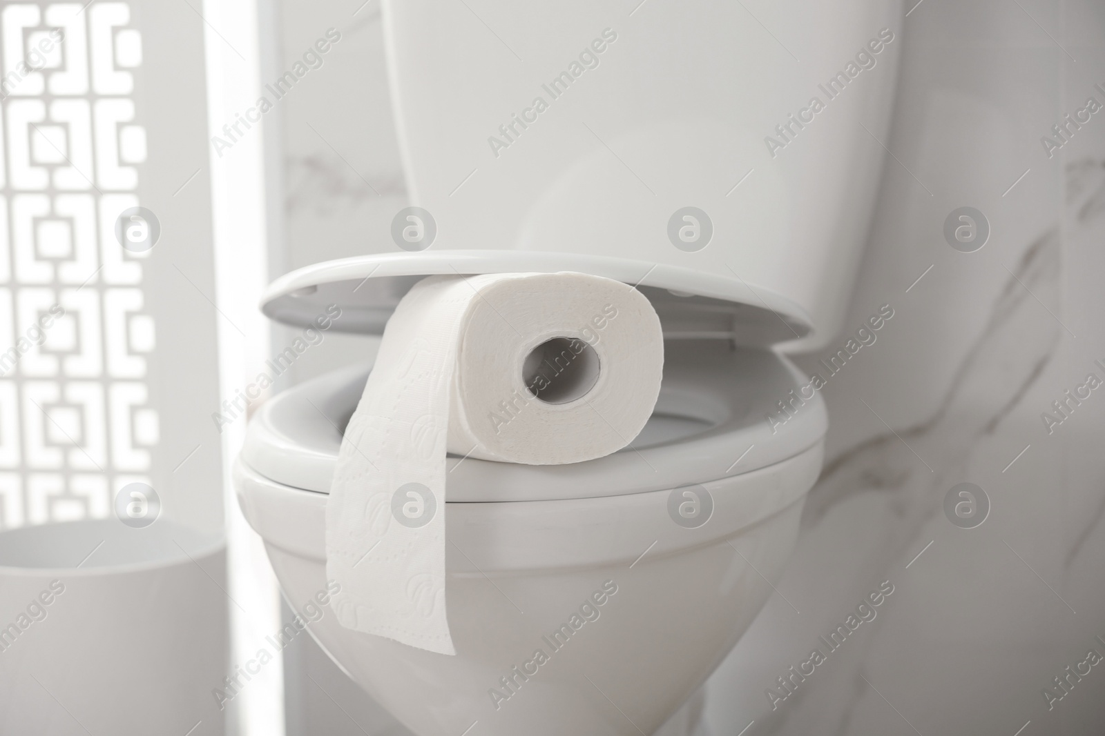 Photo of Paper roll on toilet bowl in bathroom