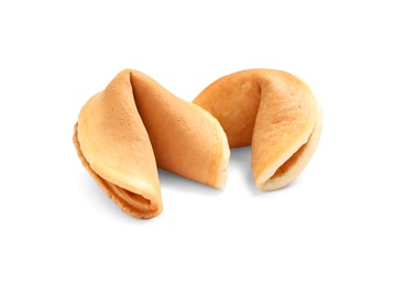 Photo of Traditional homemade fortune cookies on white background