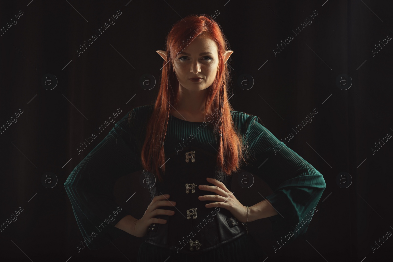 Photo of Beautiful redhead elf girl on black background