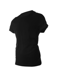 Photo of Black men's t-shirt isolated on white. Space for design